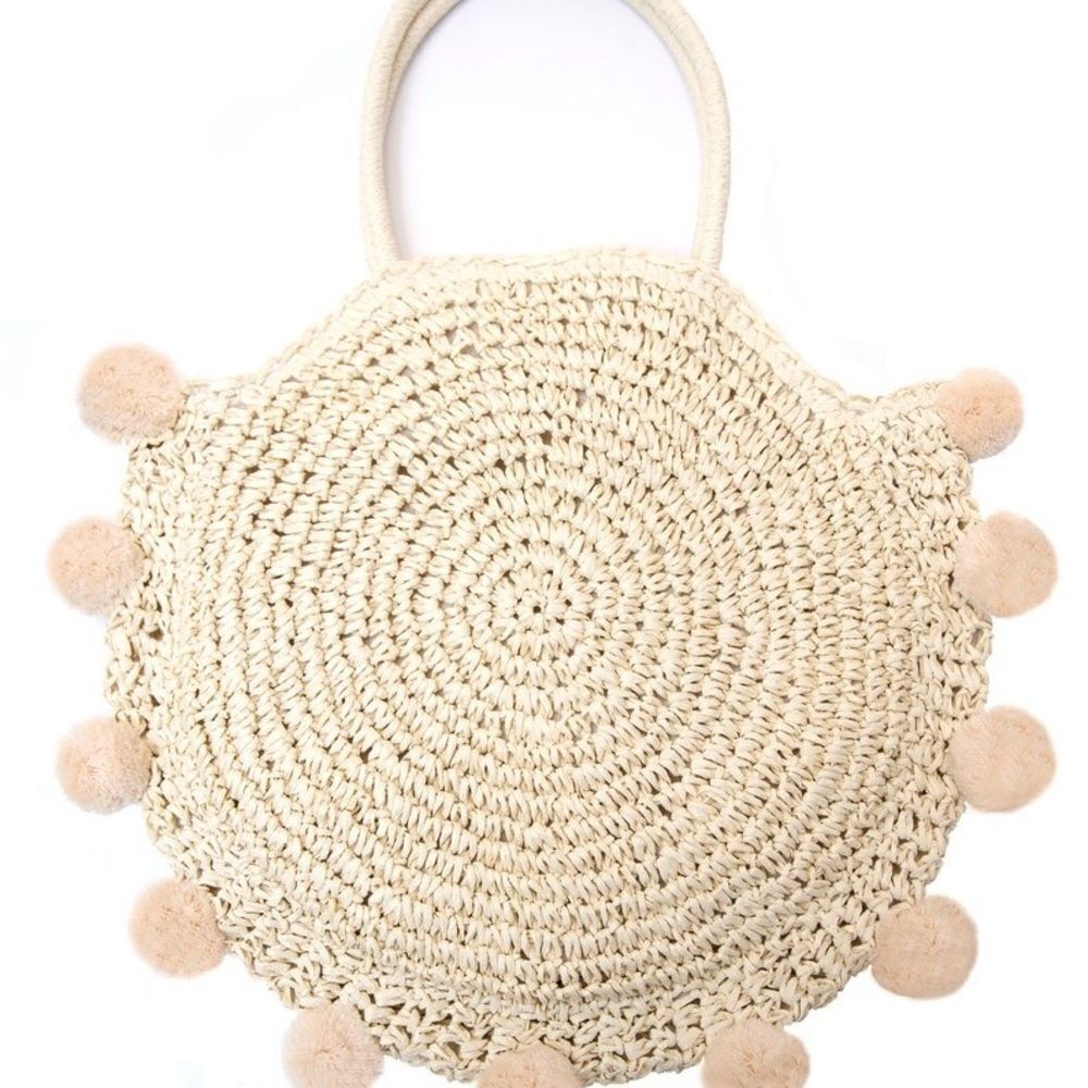 NEW Boho Beige Pom Pom Round Woven Beach Bag EUC
